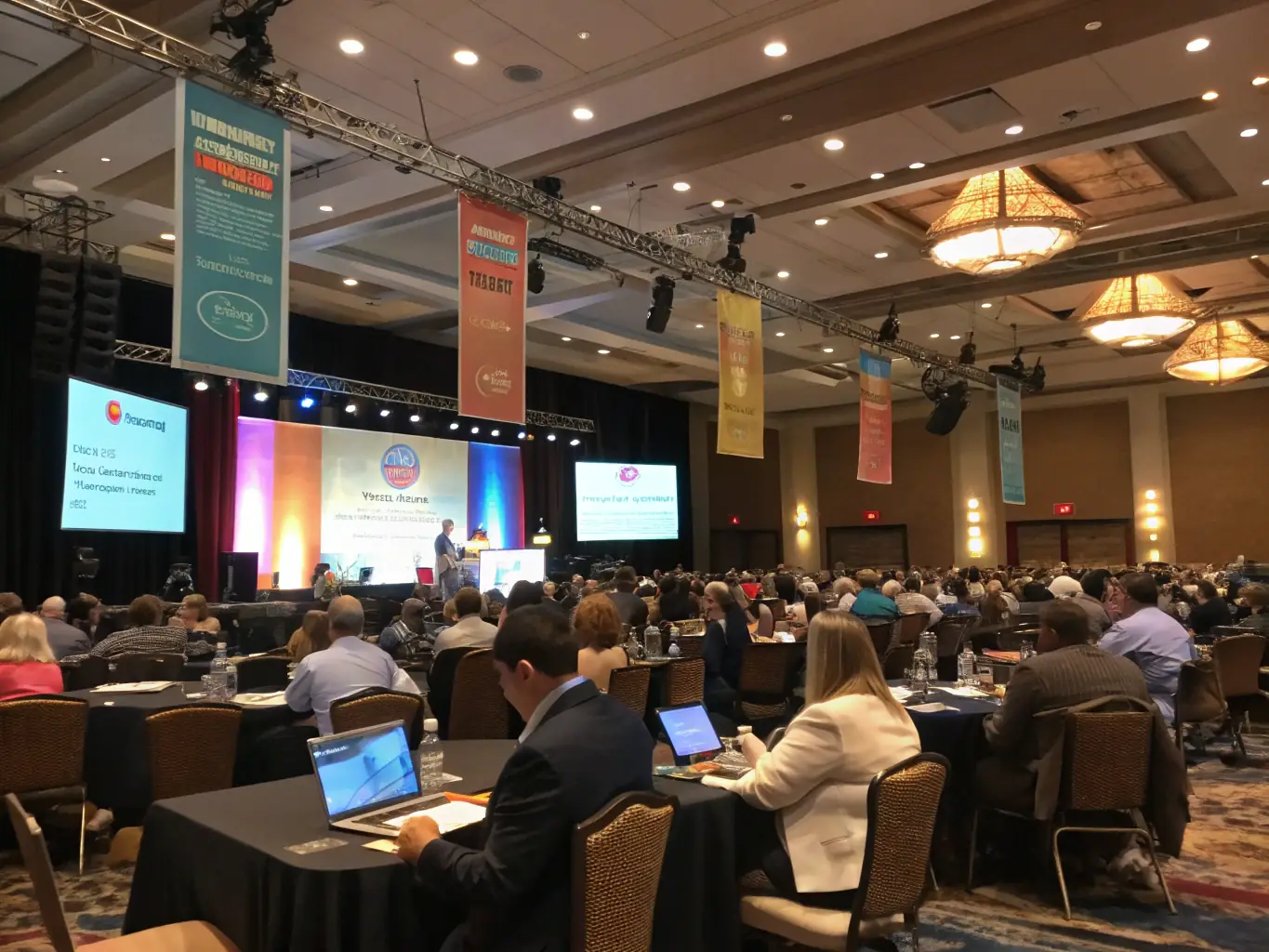 A photograph capturing the energy of a FinTech summit, with attendees networking and engaging with exhibitors in a modern conference hall.