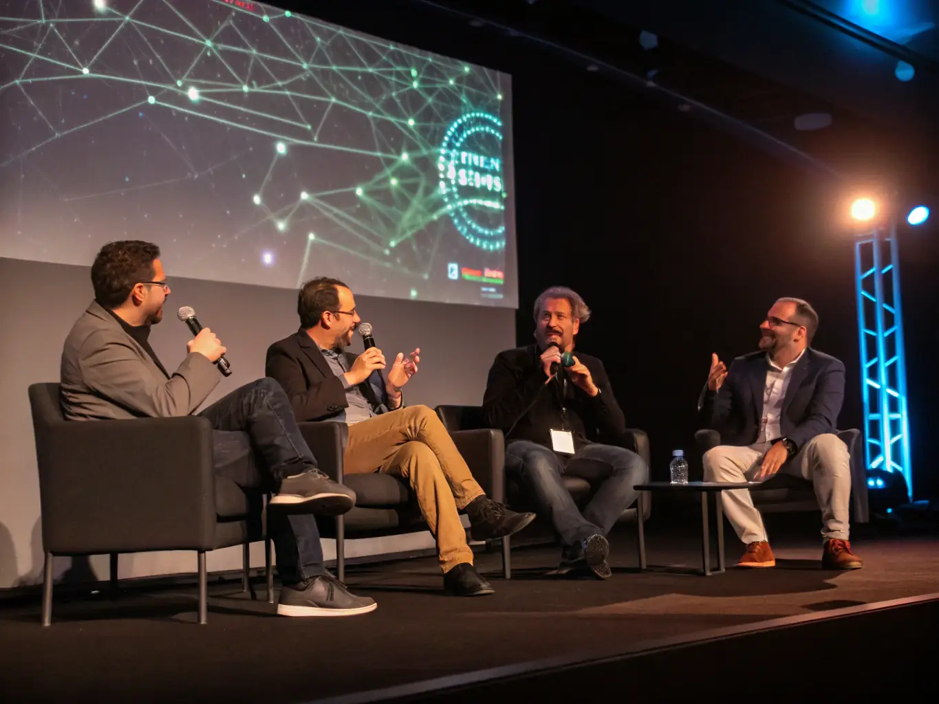 An image of a panel discussion at a FinTech summit, featuring industry experts sharing their insights on stage.