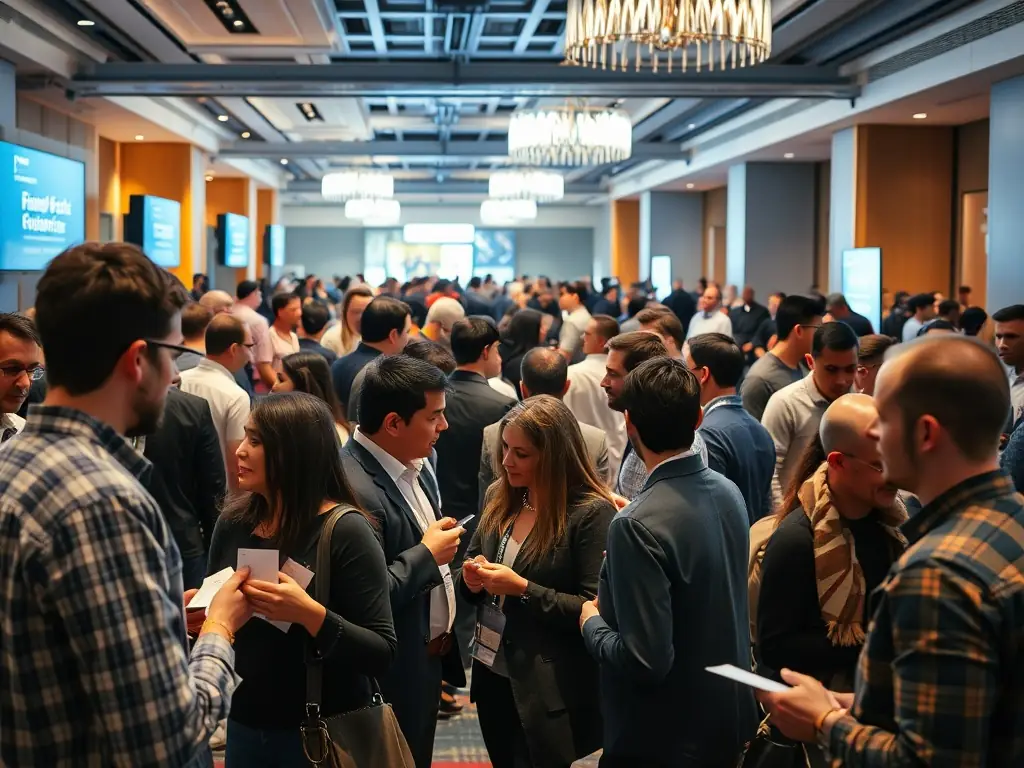 A photograph of attendees networking during a coffee break at the FinTech Summit UK, with people exchanging business cards and engaging in conversations, highlighting the summit's networking opportunities.