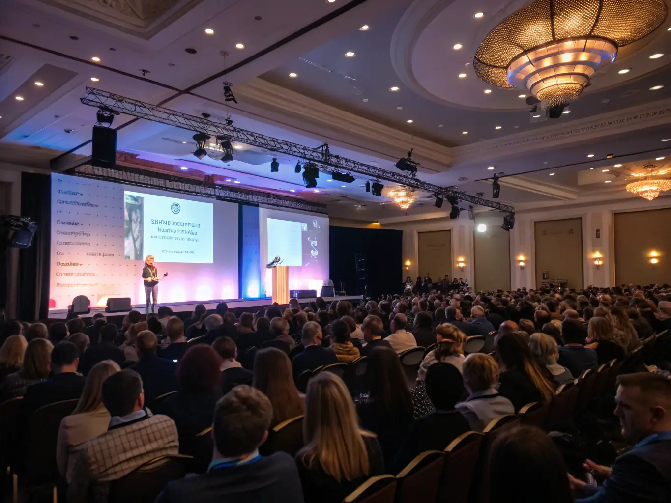 A photograph capturing a keynote speaker addressing a large audience at the FinTech Summit UK, with attendees actively listening and taking notes, showcasing the summit's engaging and informative sessions.